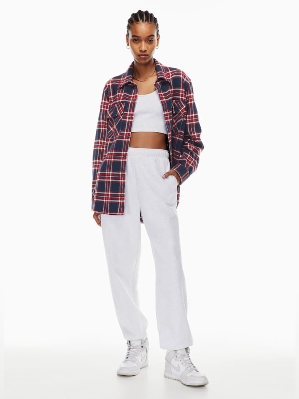 Aritzia TNA Oversized Navy and Red Plaid Button-Down Shirt